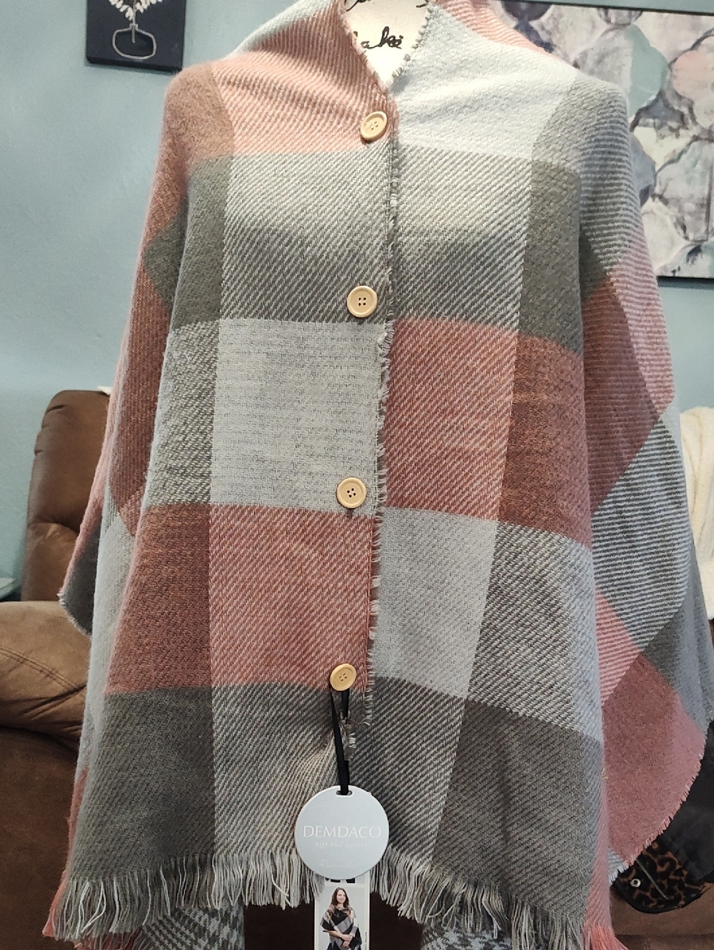 Demdaco Plaid Button-Front Poncho   in Rose, Gray & Cream